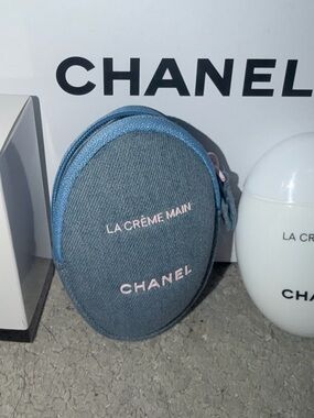 Chanel Blue Denim Zip Pouch with White La Crème Main Egg